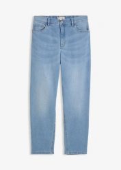 Jeansy o kroju mom, high waist, o skróconej długości. Niebieskie jeansy damskie bonprix, z podwyższonym stanem. Za 117.99 zł.