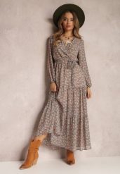 Beżowo-Granatowa Sukienka Maxi Boho Edei. Brązowe sukienki damskie Renee, bez wzorów, z tkaniny, boho, bez ramiączek. W wyprzedaży za 59.99 zł.