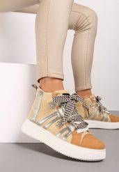 Ciemnobeżowe Streetwearowe Sneakersy na Grubej Podeszwie Ozdobione Kontrastowymi Wstawkami Kaittane. Brązowe obuwie sportowe damskie Renee, z materiału, bez zapięcia. Za 99.99 zł.