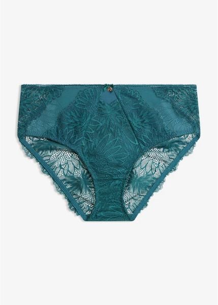 Figi maxi z delikatną koronką. Niebieskie figi bonprix, bez wzorów, z koronki. Za 29.99 zł.