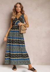 Czarno-Granatowa Sukienka z Wiskozy Maxi w Fantazyjny Print Cannida. Czarne sukienki damskie Renee, bez wzorów, z wiskozy, bez ramiączek. W wyprzedaży za 63.99 zł.