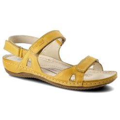 Żółte Sandały Helios Damskie Wygodne Buty Letnie. Żółte sandały damskie Helios, bez wzorów, ze skóry, bez obcasa, bez zapięcia. Za 175.00 zł.