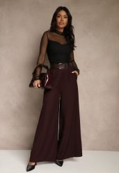 Bordowe Szerokie Garniturowe Spodnie z Bawełny High Waist Ozdobione Paskiem Tusneva. Czerwone spodnie materiałowe damskie Renee, bez wzorów, z bawełny. Za 129.99 zł.