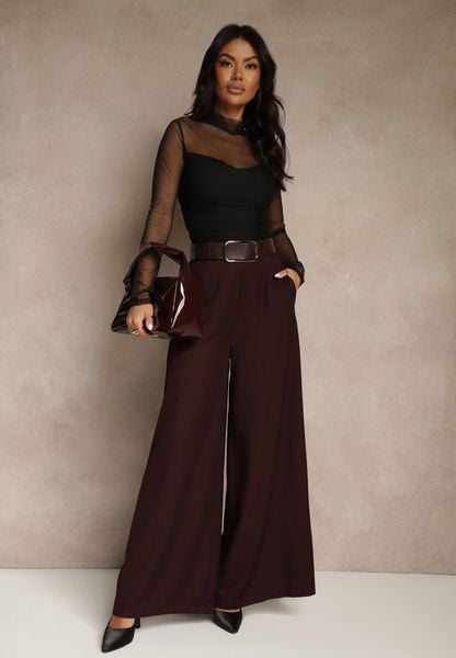 Bordowe Szerokie Garniturowe Spodnie z Bawełny High Waist Ozdobione Paskiem Tusneva. Czerwone spodnie materiałowe damskie Renee, bez wzorów, z bawełny. Za 129.99 zł.