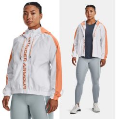 Kurtka sportowa damska UNDER ARMOUR Rush Woven z kapturem. Białe kurtki sportowe damskie Under Armour, m, bez wzorów, z kapturem. Za 209.99 zł.