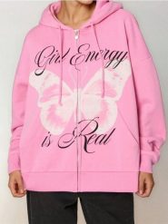 Bluza zip hoodie z nadrukiem - różowy. Czerwone bluzy damskie Sinsay, l, bez wzorów, bez kaptura. W wyprzedaży za 19.99 zł.