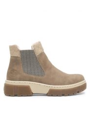 Rieker Botki X8674-64 Beżowy. Brązowe botki damskie Rieker, z materiału, bez obcasa, na płaskiej podeszwie, bez zapięcia. Za 279.00 zł.