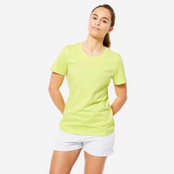 Koszulka z krótkim rękawem damska Domyos Gym & Pilates 500 Essentials. Szare bluzki damskie DOMYOS, xs, bez wzorów, z bawełny, bez kołnierzyka, bez ramiączek. Za 39.99 zł.