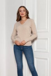 Sweter w Serek z Dzianiny w Prążek - Beżowy. Brązowe swetry klasyczne damskie Lanti, l, z dzianiny, bez kołnierzyka. Za 229.90 zł.