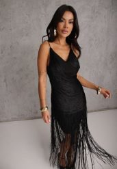 Czarna Sukienka Koktajlowa na Ramiączkach Zdobiona Frędzlami Wilinsia. Czarne sukienki damskie Renee, z aplikacjami, boho, bez ramiączek. Za 229.99 zł.