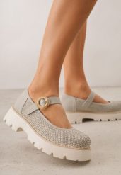 Zielone Skórzane Półbuty Mary Jane w Stylu Chunky Zdobione Plecionką Morxina. Zielone półbuty damskie Renee, z aplikacjami, z jeansu, bez obcasa, bez zapięcia. Za 89.99 zł.