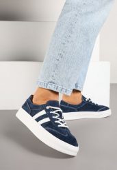 Granatowe Skórzane Sneakersy Typu Klasyczne Tenisówki na Grubej Podeszwie Eleavine. Niebieskie obuwie sportowe damskie Born2be, z jeansu, bez zapięcia, tenisowe. Za 179.99 zł.