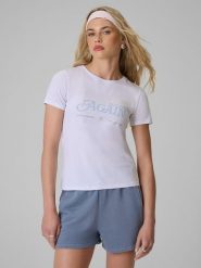 4F T-shirt slim z nadrukiem damski - biały XS. Białe t-shirty damskie 4F, xs, bez wzorów, z dzianiny, bez kołnierzyka. Za 59.99 zł.