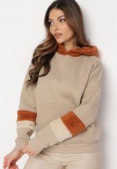 Beżowa Bluza z Kapturem i Futrzanymi Wstawkami Pyroxis. Brązowe bluzy damskie Born2be, bez wzorów, z futra, z kapturem. Za 89.99 zł.