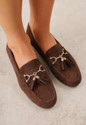 Jasnobrązowe Mokasyny VICES z Modnymi Chwostami z Imitacji Zamszu z Wkładką z Naturalnej Skóry Calirea. Brązowe mokasyny damskie Born2be, z jeansu, bez obcasa. Za 89.99 zł.