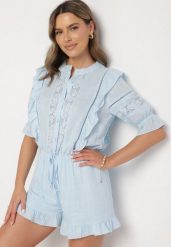 Jasnoniebieski Kombinezon z Lnu i Wiskozy w Stylu Boho z Falbankami i Koronką Linalisse. Niebieskie sukienki damskie Born2be, bez wzorów, z koronki, boho, bez ramiączek. W wyprzedaży za 144.49 zł.