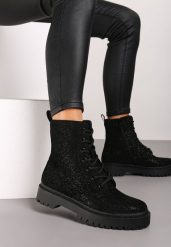 Czarne Botki Workery na Płaskiej Podeszwie Ozdobione Brokatem Lilitia. Czarne botki damskie Renee, na jesień, eleganckie, z okrągłym noskiem, bez obcasa, na płaskiej podeszwie, bez zapięcia. Za 139.99 zł.
