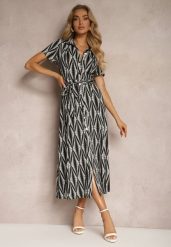 Czarna Koszulowa Sukienka z Materiałowym Paskiem i Guzikami z Geometrycznym Printem Usklea. Czarne sukienki damskie Renee, bez wzorów, z materiału, eleganckie, bez ramiączek. Za 179.99 zł.