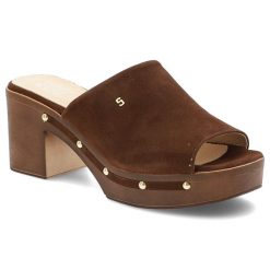Klapki damskie Simen, skórzane na klocku z ozdobami eleganckie, brązowe, 6844A-K-W. Brązowe klapki damskie Simen, bez wzorów, bez obcasa, na obcasie, bez zapięcia. Za 339.00 zł.