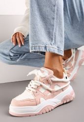 Różowe Sneakersy z Przeszyciami na Grubej Podeszwie Dovira. Białe obuwie sportowe damskie Renee, bez zapięcia. Za 89.99 zł.