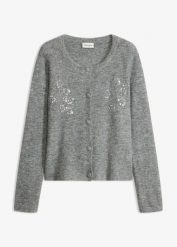 Kardigan o wygodnym kroju. Szare kardigany damskie bonprix, z aplikacjami, z dzianiny. Za 159.99 zł.