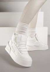 Białe Ocieplane Sneakersy na Grubej Podeszwie z Tłoczonym Wzorem Anweda. Białe obuwie sportowe damskie Born2be, z jeansu, bez zapięcia. Za 99.99 zł.