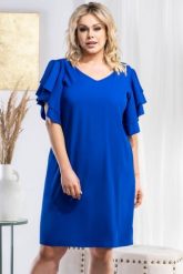 Sukienka elegancka z ozdobnymi rękawami ELIANA chabrowa. Niebieskie sukienki damskie KARKO, bez wzorów, z elastanu, eleganckie, bez ramiączek. Za 89.50 zł.