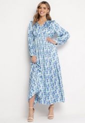 Niebiesko-Biała Satynowa Sukienka Maxi Ozdobiona Wzorem Paisley z Gumką w Pasie Wirlena. Niebieskie sukienki damskie Born2be, bez wzorów, z satyny, bez ramiączek. W wyprzedaży za 161.49 zł.