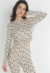 Beżowa Dopasowana Bluzka w Retro Wzór z Marszczeniem Shili. Brązowe bluzki damskie Born2be, l, z aplikacjami, retro, bez kołnierzyka, bez ramiączek. Za 69.99 zł.