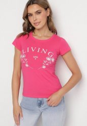 Fuksjowy Bawełniany T-shirt z Napisem Living i Nadrukiem Commea. Czerwone t-shirty damskie Born2be, l, bez wzorów, z bawełny, bez kołnierzyka. Za 34.99 zł.