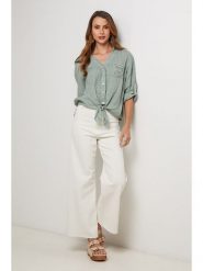 Lin Passion Lniana koszula w kolorze zielonym rozmiar: 36/38. Zielone koszule damskie Lin Passion, bez wzorów, z koronki, klasyczne, bez kołnierzyka, bez ramiączek. Za 143.99 zł.