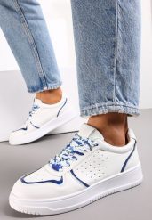 Biało-Niebieskie Sneakersy z Kolorowymi Sznurówkami i Metalicznymi Wstawkami Lania. Białe obuwie sportowe damskie Renee, bez zapięcia. Za 69.99 zł.