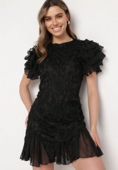 Czarna Sukienka Mini z Koronkowymi Wstawkami i Falbankami Soffiana. Czarne sukienki damskie Born2be, bez wzorów, z koronki, eleganckie, bez ramiączek. Za 229.99 zł.