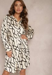 Jasnobeżowa Satynowa Sukienka Koszulowa w Geometryczny Print z Łańcuszkiem w Miejscu Paska Pastar. Brązowe sukienki damskie Renee, bez wzorów, z satyny, bez ramiączek. Za 129.99 zł.