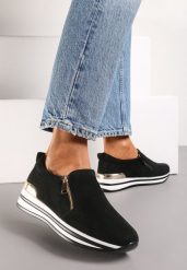 Czarne Sneakersy na Ozdobnej Platformie z Suwakiem i Metaliczną Wstawką Latrisse. Czarne obuwie sportowe damskie Renee, bez zapięcia. Za 69.99 zł.