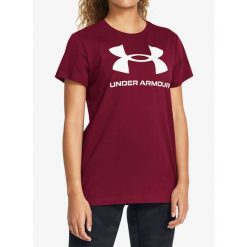Koszulka z nadrukiem damska Under Armour Live Sportstyle Graphic SSC. Czerwone bluzki damskie Under Armour, s, bez wzorów, bez kołnierzyka, bez ramiączek. Za 69.99 zł.