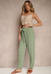Zielone Spodnie High Waist Ozdobione Wiązanym Paskiem Araleira. Zielone spodnie materiałowe damskie Renee, bez wzorów, z jeansu, długie. Za 44.99 zł.