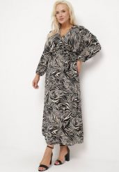 Czarno-Beżowa Sukienka Maxi w Abstrakcyjny Print Wiązana w Pasie Elennora. Czarne sukienki damskie Born2be, bez wzorów, bez ramiączek. W wyprzedaży za 101.99 zł.