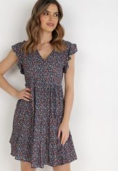 Granatowa Sukienka Diomanassa. Niebieskie sukienki damskie Born2be, bez wzorów, z jeansu, biznesowe, bez ramiączek. Za 69.99 zł.