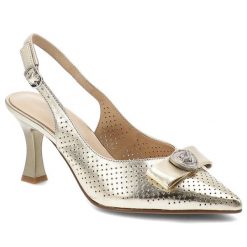 Czółenka damskie S.Barski, cholewka ze skóry naturalnej z odkrytą piętą na smukłym obcasie z ażurową cholewką i elegancką kokardą, złote, CR61-3119. Żółte czółenka damskie S.BARSKI, w ażurowe wzory, ze skóry, bez obcasa. Za 389.00 zł.