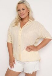 Beżowa Koszula z Bawełny Zapinana na Guziki w Pionowe Paski Tinariss. Brązowe koszule damskie Born2be, plus size, bez wzorów, z bawełny, klasyczne, bez kołnierzyka, plus size, bez ramiączek. Za 79.99 zł.