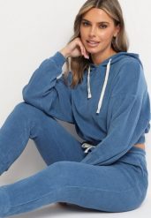 Granatowy Komplet Dresowy z Bawełną Krótka Bluza z Kapturem i Spodnie z Gumką w Pasie Gesaria. Niebieskie bluzy damskie Born2be, xl, bez wzorów, z bawełny, z kapturem. Za 64.99 zł.