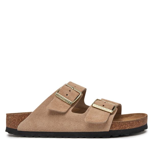 Klapki Birkenstock. Brązowe klapki damskie Birkenstock, bez wzorów, z zamszu, bez obcasa, bez zapięcia. Za 539.99 zł.