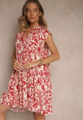 Czerwona Sukienka Oversize z Bawełny z Ornamentnym Wzorem Folazea. Czerwone sukienki damskie Renee, bez wzorów, z bawełny, eleganckie, bez ramiączek. W wyprzedaży za 55.99 zł.