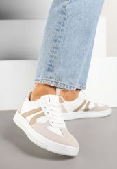 Biało-Beżowe Sneakersy w Stylu Kultowych Tenisówek Setionis. Białe obuwie sportowe damskie Born2be, z jeansu, bez zapięcia, tenisowe. Za 89.99 zł.