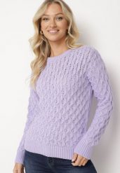 Fioletowy Sweter z Ozdobnym Tłoczeniem Attenja. Fioletowe swetry klasyczne damskie Born2be, m, z jeansu, bez kołnierzyka. Za 109.99 zł.