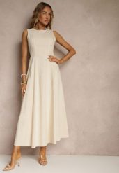 Jasnobeżowa Sukienka z Wiskozą o Rozkloszowanym Kroju Bez Rękawów Barneria. Brązowe sukienki damskie Renee, bez wzorów, z bawełny, eleganckie, bez ramiączek. W wyprzedaży za 127.99 zł.