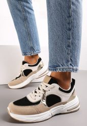 Beżowo-Czarne Sznurowane Sneakersy Ozdobione Metaliczną Wstawką Kizria. Czarne obuwie sportowe damskie Renee, na wiosnę, z jeansu, bez zapięcia. Za 49.99 zł.