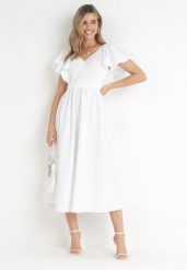 Biała Sukienka Midi z Falbanami przy Ramionach Happisa. Białe sukienki damskie Born2be, bez wzorów, eleganckie, bez ramiączek. Za 129.99 zł.