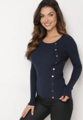 Granatowy Sweter Ozdobiony Metalowymi Napami Corettina. Niebieskie swetry klasyczne damskie Born2be, m, z jeansu, bez kołnierzyka. Za 89.99 zł.